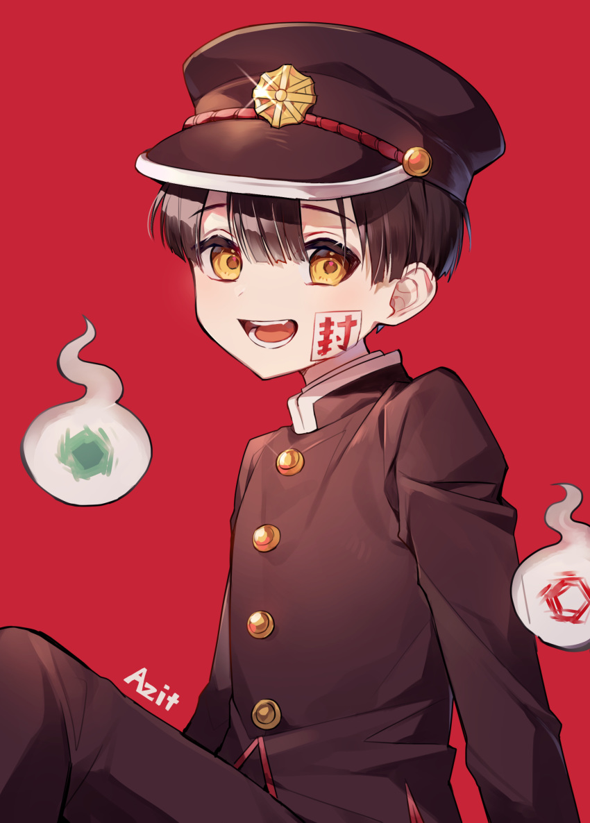 1boy :d absurdres artist_name azit_(down) bad_id bad_pixiv_id black_hair black_hat black_jacket black_pants brown_eyes commentary_request gakuran gakuseibou hair_between_eyes hanako_(jibaku_shounen_hanako-kun) hat highres jacket jibaku_shounen_hanako-kun looking_at_viewer male_focus military_hat ofuda open_mouth pants peaked_cap red_background school_uniform signature simple_background smile solo teeth upper_teeth_only