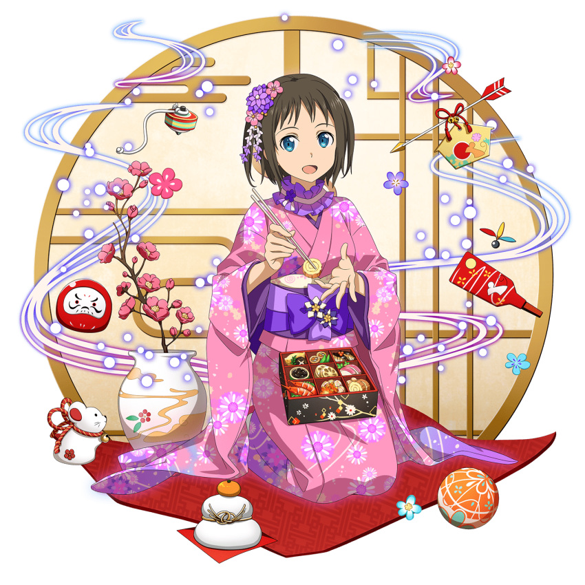 :d arrow_(projectile) ball bento blue_eyes breasts brown_hair chopsticks daruma_doll ema female floral_print flower food full_body hagoita hair_flower hair_ornament hamaya highres holding holding_chopsticks japanese_clothes kagami_mochi kimono kneeling kojitsunagi_(pattern) kouhaku_nawa long_sleeves looking_at_viewer lotus_root medium_breasts mouse_(animal) new_year obi official_art open_mouth osechi paddle pink_flower pink_kimono plum_blossoms print_kimono purple_flower ronye_arabel rope sash seiza shimenawa short_hair shrimp sitting smile solo spinning_top sword_art_online sword_art_online:_alicization temari_ball transparent_background vase wide_sleeves