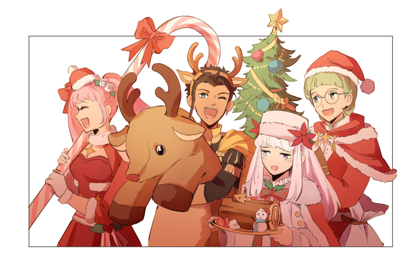 2boys 2girls :d candy candy_cane cape capelet christmas christmas_tree claude_von_riegan coat commentary_request dark-skinned_male dark_skin fake_antlers fire_emblem fire_emblem:_three_houses food fur-trimmed_capelet fur_trim glasses gloves green_eyes green_hair hat highres hilda_valentine_goneril hilda_valentine_goneril_(winter) ignatz_victor ignatz_victor_(winter) lysithea_von_ordelia lysithea_von_ordelia_(winter) multiple_boys multiple_girls norue one_eye_closed pink_hair red_capelet round_eyewear santa_costume santa_hat smile stuffed_animal stuffed_reindeer stuffed_toy twintails white_hair winter_clothes winter_coat yellow_cape yule_log_(cake)