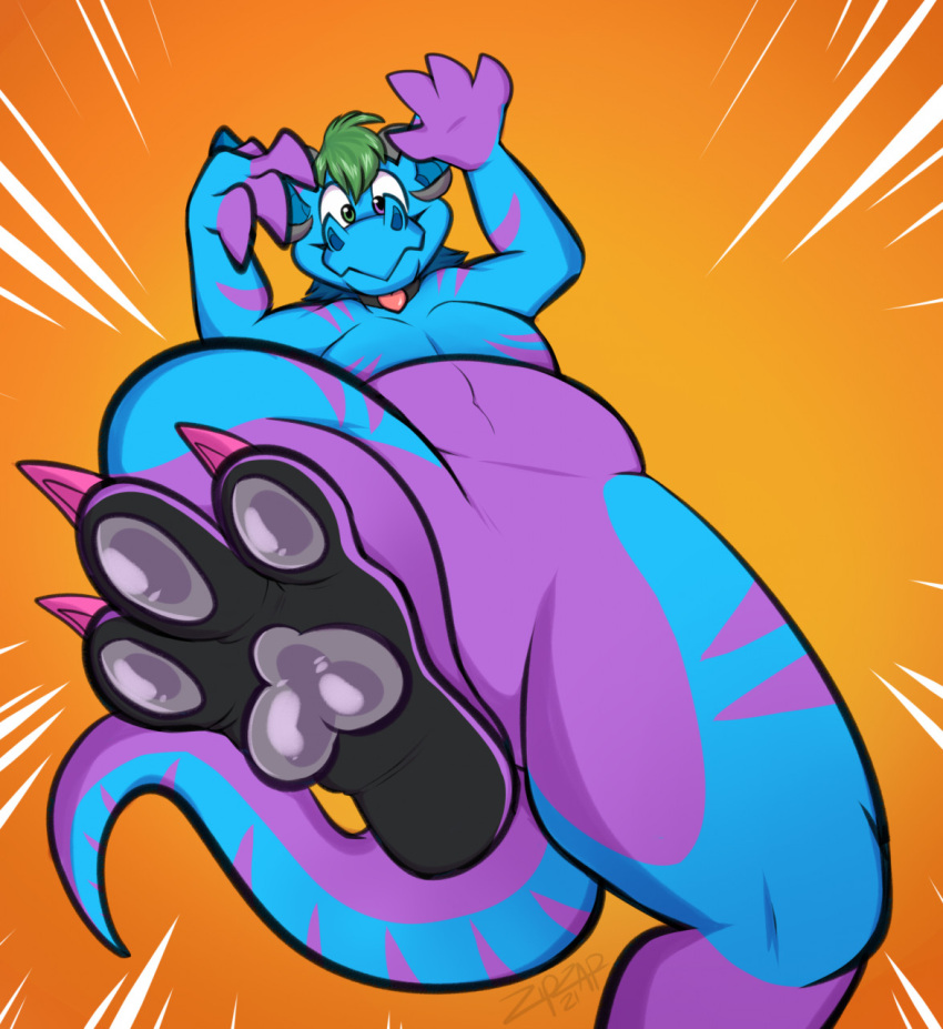 anthro blue_body claws collar feet foot_focus glistening glistening_pawpads gradient_background green_eyes green_hair hair heart_symbol heterochromia hi_res horn kobold koizumi_kobold low-angle_view macro male markings pawpads pink_claws plantigrade purple_body purple_eyes raised_leg signature simple_background slightly_chubby solo stripes tail worm's-eye_view zipzap zoom_lines