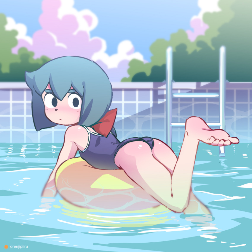 aqua_hair arched_back artist_name ass black_eyes blue_one-piece_swimsuit blue_sky blurry blurry_background blush bow breasts caustics closed_mouth cloud commentary_request competition_school_swimsuit constanze_amalie_von_braunschbank-albrechtsberger day depth_of_field feet female foot_up from_side frown full_body hair_between_eyes hair_over_shoulder hairbow highres innertube ladder legs legs_together little_witch_academia long_hair looking_at_viewer looking_back looking_to_the_side low_ponytail lying on_stomach one-piece_swimsuit orenji_(orenjipiiru) outdoors parted_bangs ponytail pool pool_ladder red_bow reflection school_swimsuit sky small_breasts soaking_feet soaking_hands solid_eyes solo swim_ring swimsuit thick_eyebrows thighs tile_wall tiles toes tree water