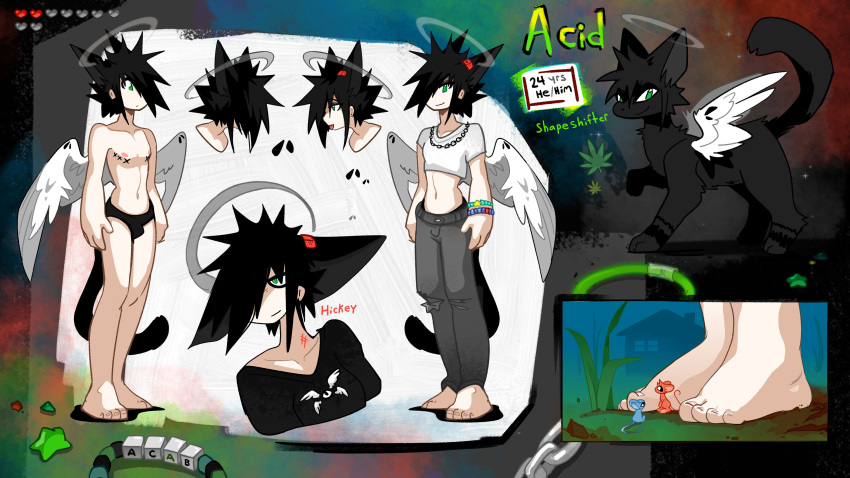 16:9 4k absurd_res acidneko alternate_costume alternate_form angel avoid_posting barefoot bottomwear calea_(acidneko) clothing crop_top denim denim_bottomwear denim_clothing domestic_cat drugs feathered_wings feathers feet felid feline felis feral halo hi_res humanoid jeans male mammal marijuana mastectomy_scar model_sheet mostly_nude pants pot_leaf scar shirt solo tattoo topwear torn_clothing widescreen wings