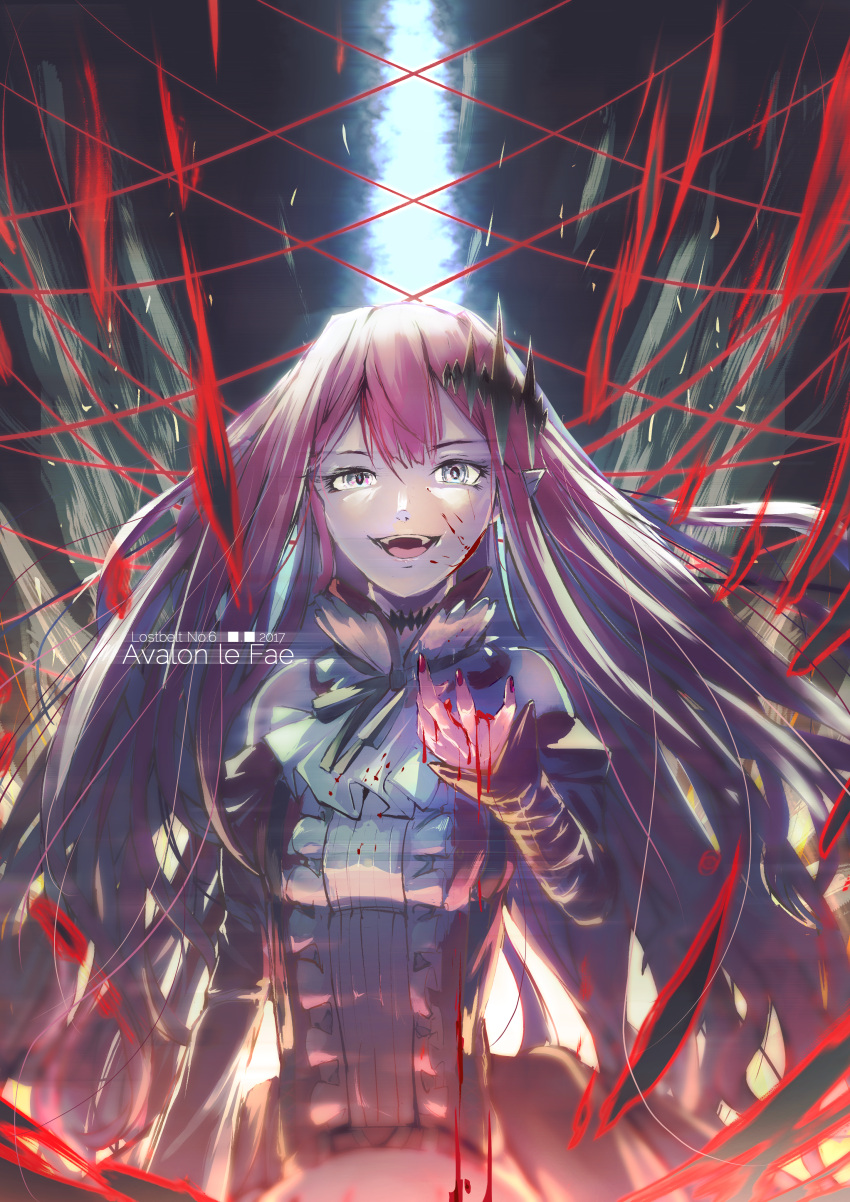 absurdres baobhan_sith_(fate) baobhan_sith_(first_ascension)_(fate) blood blood_on_face blood_on_hands cent_u detached_sleeves dress fangs fate/grand_order fate_(series) female highres long_hair nail_polish open_mouth pink_hair pointy_ears red_nails smile solo