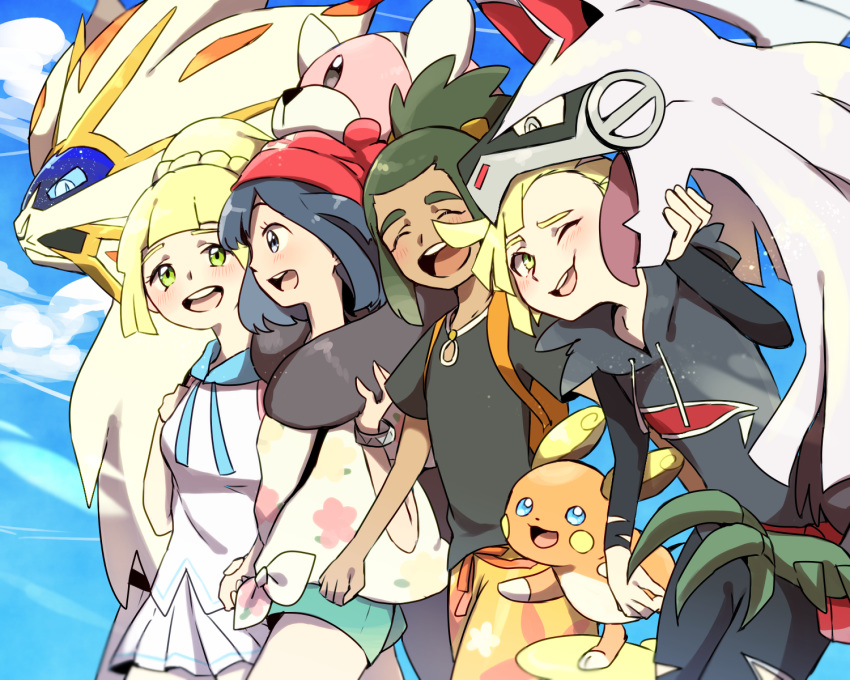 2boys 2girls :d alolan_raichu bewear biting black_hair black_shirt blonde_hair blue_sky breasts cloud cloudy_sky commentary_request day gladion_(pokemon) happy hau_(pokemon) highres hug lillie_(pokemon) long_sleeves mizuto_(o96ap) multiple_boys multiple_girls open_mouth outdoors pokemon pokemon_(creature) pokemon_sm selene_(pokemon) shirt silvally sky small_breasts smile solgaleo tied_hair tied_shirt walking