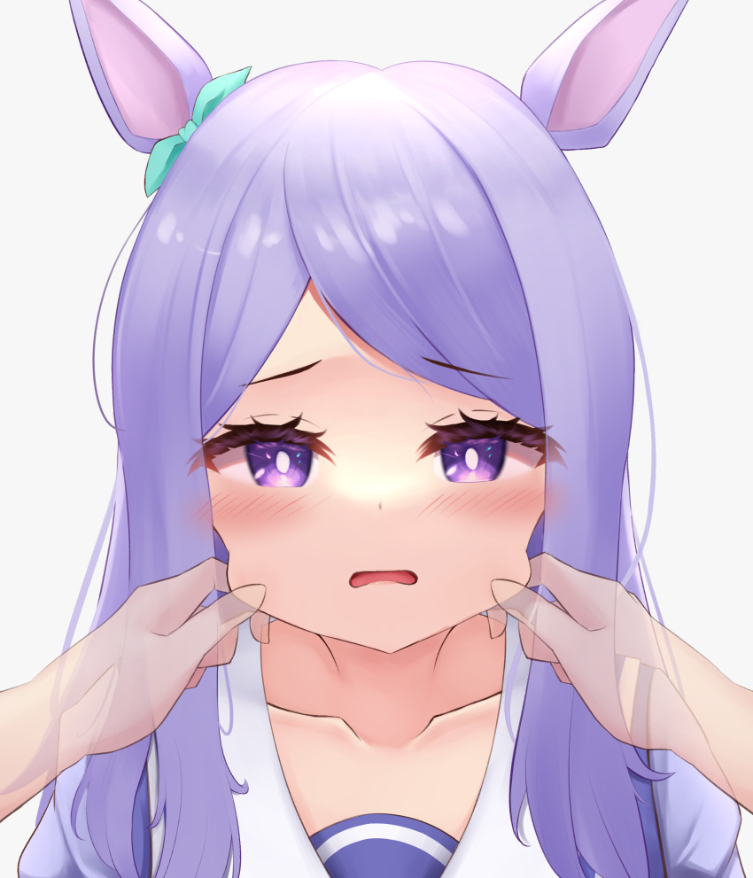 1other absurdres animal_ears arms_up basil_yuzune blush bow bright_pupils cheek_pinching female green_bow hairbow hands_up highres horse_ears horse_girl light_purple_hair long_hair mejiro_mcqueen_(umamusume) open_mouth pinching pov pov_hands puffy_short_sleeves puffy_sleeves purple_eyes purple_hair purple_shirt sailor_collar sailor_shirt school_uniform serafuku shirt short_sleeves simple_background solo_focus summer_uniform swept_bangs tracen_school_uniform transparent_hand umamusume white_background white_pupils