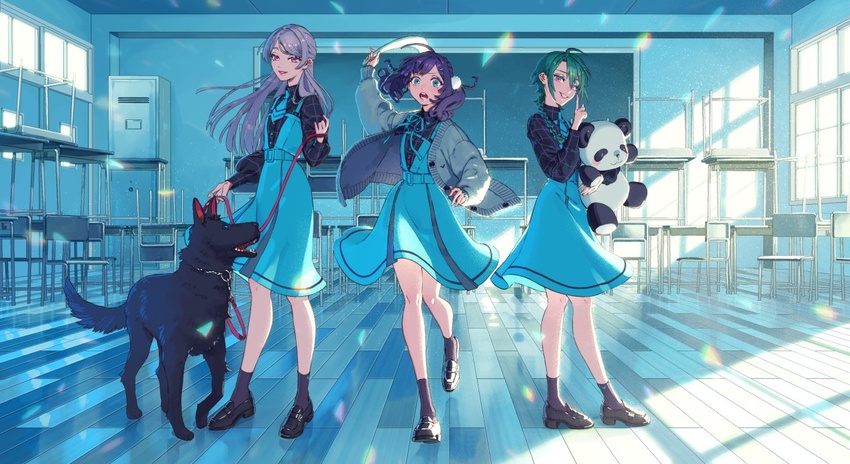 2others aburage_(motimotigg20) aiba_uiha blue_dress blue_eyes blue_hair blue_sweater braid canine classroom collared_shirt crossdressing dress female flat_chest floating_hair genzuki_toujirou green_hair hair_behind_ear holding indoors long_hair multiple_others nijisanji official_art open_hand open_mouth parted_lips plaid plaid_shirt purple_eyes purple_hair ryuushen shirt sunlight sweater virtual_youtuber