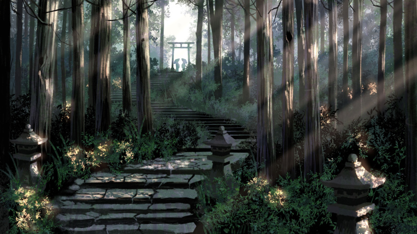 2others bad_id bad_pixiv_id crack day forest grass holding holding_umbrella light_rays multiple_others nature original outdoors plant scenery shrine stairs standing stone_stairs sunlight torii tree tsuki-shigure umbrella