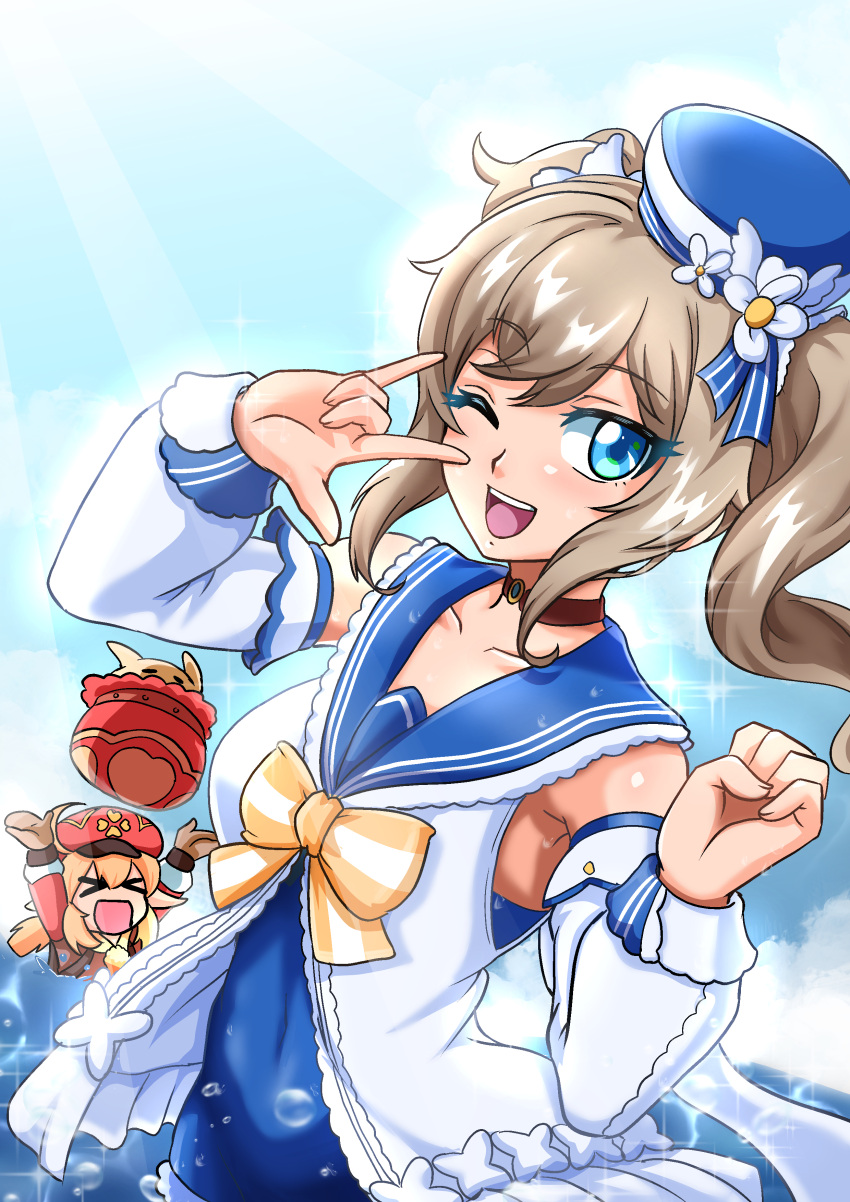 >_< 2girls :d ;d \m/ absurdres ahoge armpits arms_up atawatsho backpack bag barbara_(genshin_impact) barbara_(summertime_sparkle)_(genshin_impact) blonde_hair blue_eyes blue_sky brown_gloves brown_scarf cabbie_hat choker cloud cloudy_sky clover_print collarbone commentary detached_sleeves drill_hair genshin_impact gloves hair_between_eyes hat highres horizon in_water jumpy_dumpty klee_(genshin_impact) light_brown_hair long_hair looking_at_viewer low_twintails multiple_girls ocean official_alternate_costume one_eye_closed open_mouth pointy_ears pose randoseru red_headwear sailor_collar scarf sidelocks sky smile swimsuit throwing twin_drills twintails xd