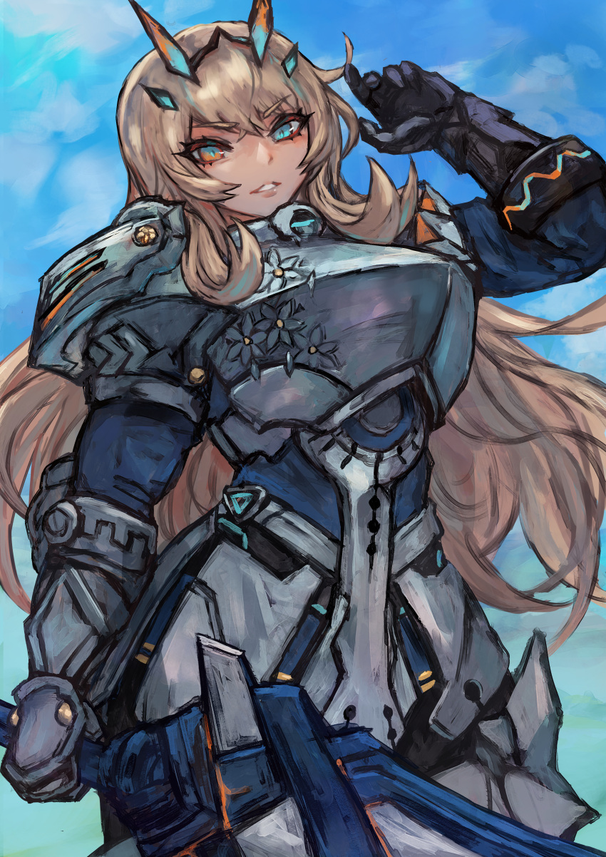 absurdres armor barghest_(fate) barghest_(first_ascension)_(fate) blonde_hair blue_eyes blue_sky breastplate breasts commentary_request fate/grand_order fate_(series) faulds female gauntlets greaves highres horns large_breasts long_hair looking_at_viewer parted_lips pauldrons sabamiso_taro shoulder_armor sky solo sword thighs weapon