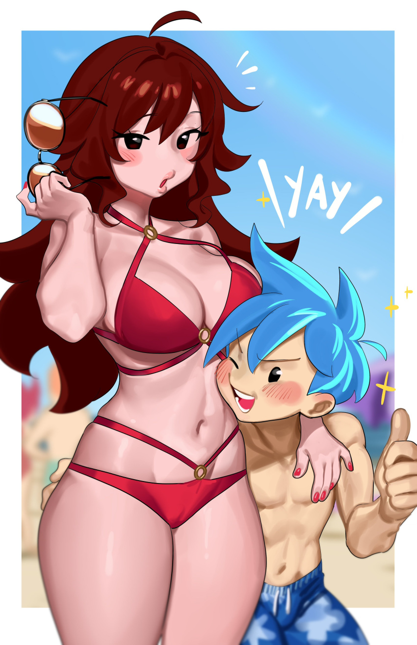 1boy absurdres beach bikini biting blue_hair blurry blurry_background blush border boyfriend_(friday_night_funkin') breasts brown_hair cheek_press cleavage colored_skin commentary cowboy_shot day female friday_night_funkin' girlfriend_(friday_night_funkin') height_difference highres large_breasts long_hair male_swimwear multi-strapped_bikini navel nia_(nia4294) no_nose one_eye_closed open_mouth outdoors pink_skin red_bikini short_hair smile swim_trunks swimsuit tall_female white_border