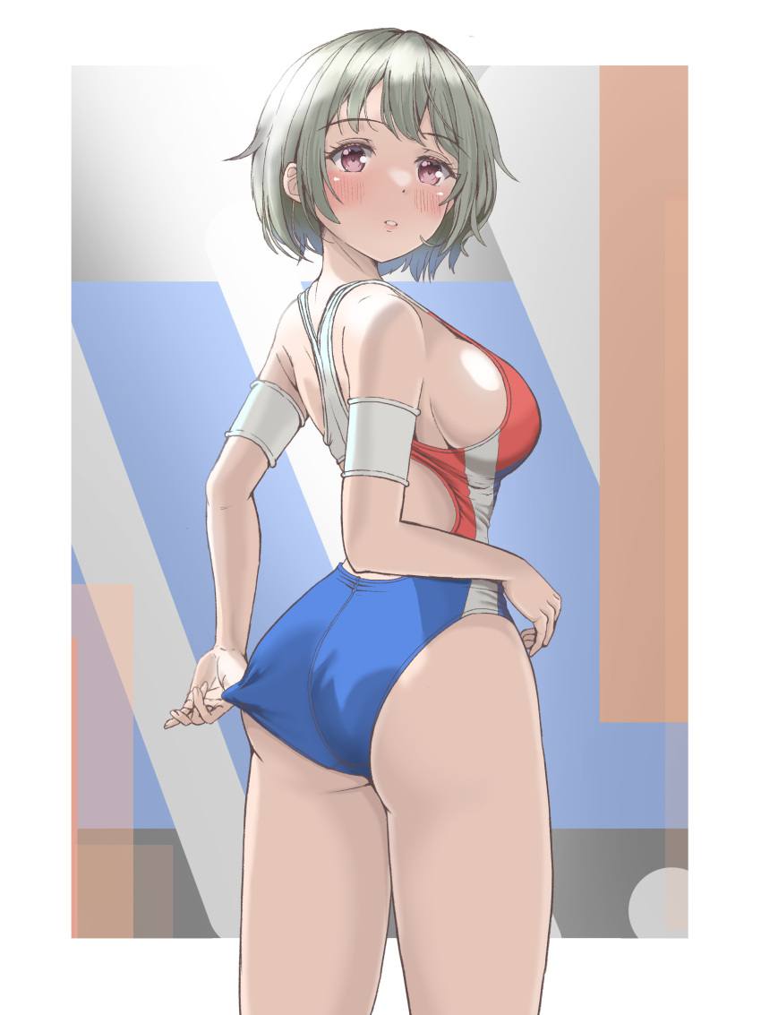 absurdres adjusting_clothes adjusting_swimsuit ass blush breasts competition_swimsuit female grey_hair highres large_breasts looking_at_viewer mashinatsu one-piece_swimsuit original profile red_eyes short_hair solo swimsuit