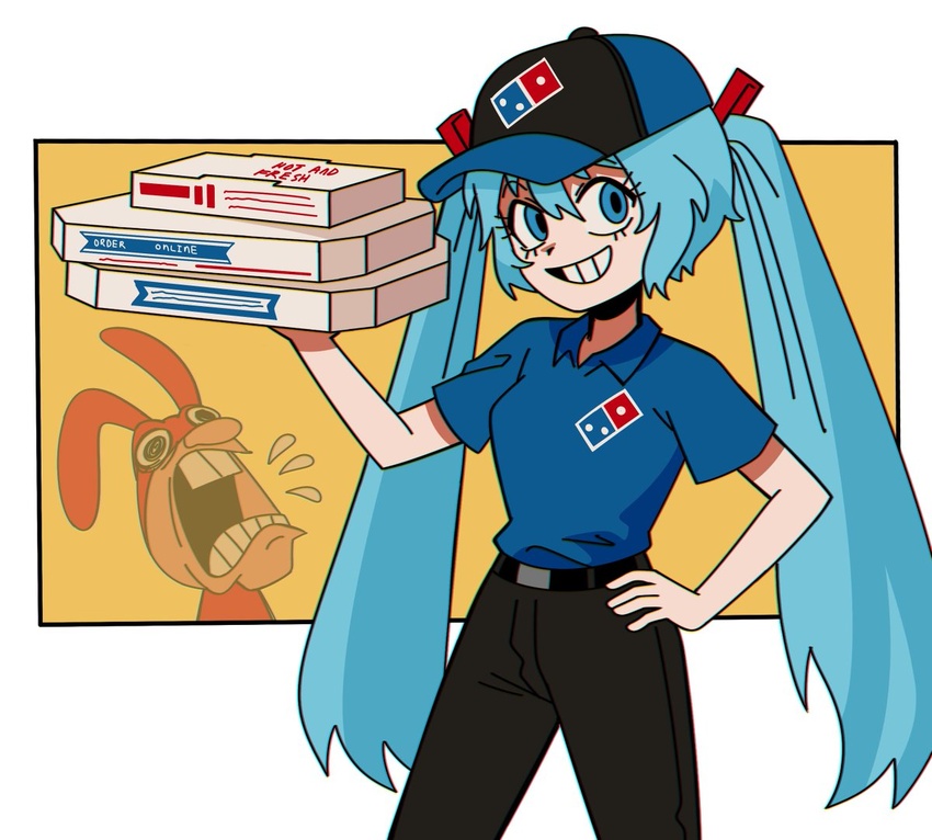 aqua_hair baseball_cap belt black_eyes black_pants blue_eyes box commentary domino's_pizza employee_uniform english_commentary fast_food fast_food_uniform female grin hand_on_own_hip hat hatsune_miku holding holding_box long_hair looking_at_viewer marreeps open_mouth pants pizza_box short_sleeves smile teeth the_noid twintails uniform very_long_hair vocaloid