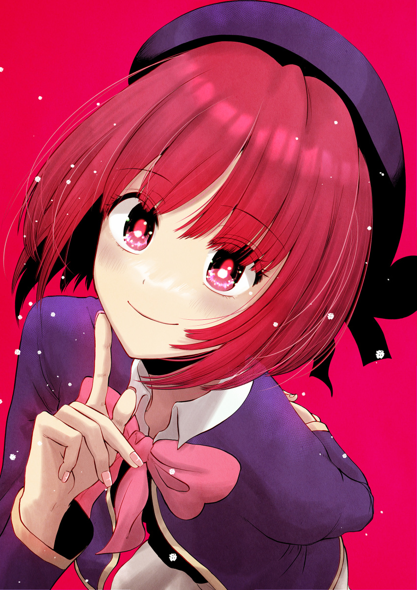 absurdres arima_kana blush commentary commentary_request female finger_to_cheek harutaro hat head_tilt highres medium_hair nail_polish oshi_no_ko partial_commentary red_background red_eyes red_hair ribbon school_uniform smile solo uniform youtou_high_school_uniform