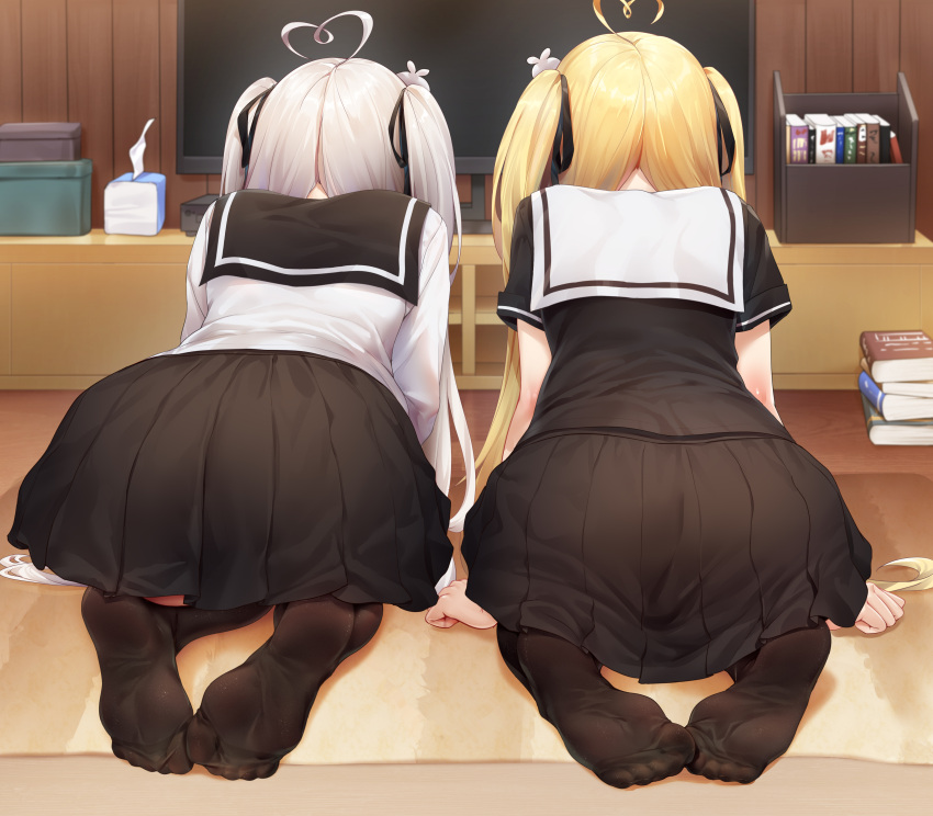 2girls absurdres ahoge all_fours ass ass_focus black_ribbon black_shirt black_skirt blonde_hair feet from_behind hair_ribbon heart heart_ahoge highres indoors long_hair long_sleeves md5_mismatch multiple_girls niliu_chahui no_shoes original pleated_skirt ribbon school_uniform serafuku shirt short_sleeves siblings sisters skirt soles toes tokisaki_asaba_(niliu_chahui) tokisaki_mio_(niliu_chahui) white_hair white_shirt