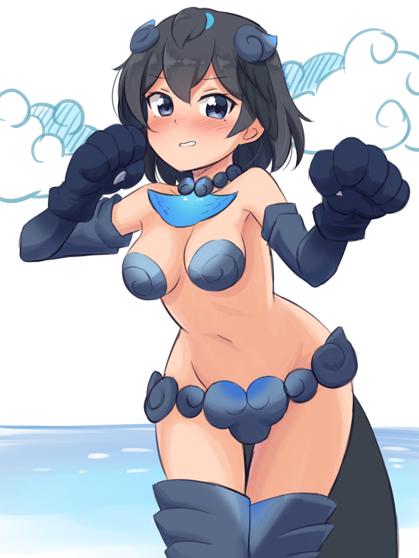 absurdres adapted_costume animal_hands bare_shoulders black_eyes black_gloves black_hair blush breasts clenched_teeth cloud commentary cosplay cowboy_shot elbow_gloves female gloves groin hair_between_eyes head_wings highres jewelry kemono_friends leaning_forward looking_at_viewer medium_breasts navel necklace paw_gloves shiisaa_right shiisaa_right_(cosplay) shiraha_maru short_hair solo stomach superb_bird-of-paradise_(kemono_friends) tail teeth thigh_gap thighhighs wings