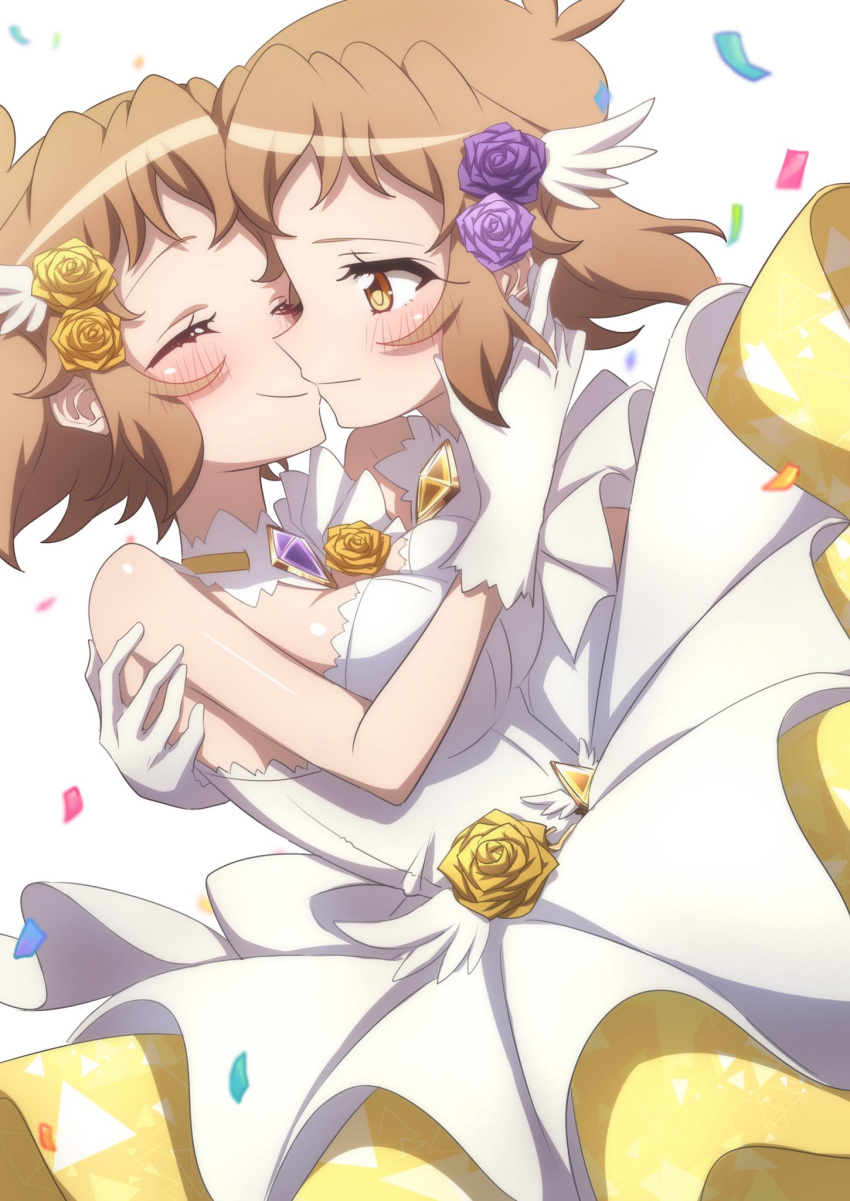 2girls alternate_costume blonde_hair blush carrying closed_eyes closed_mouth commentary_request dress dual_persona flower gloves hair_flower hair_ornament highres imminent_kiss looking_at_another multiple_girls princess_carry rose selfcest senki_zesshou_symphogear senki_zesshou_symphogear_xd_unlimited shiny_skin short_hair simple_background smile tachibana_hibiki_(symphogear) tachibana_hibiki_(symphogear)_(another) white_background white_dress white_gloves wife_and_wife yellow_eyes yukitsuba_hina yuri