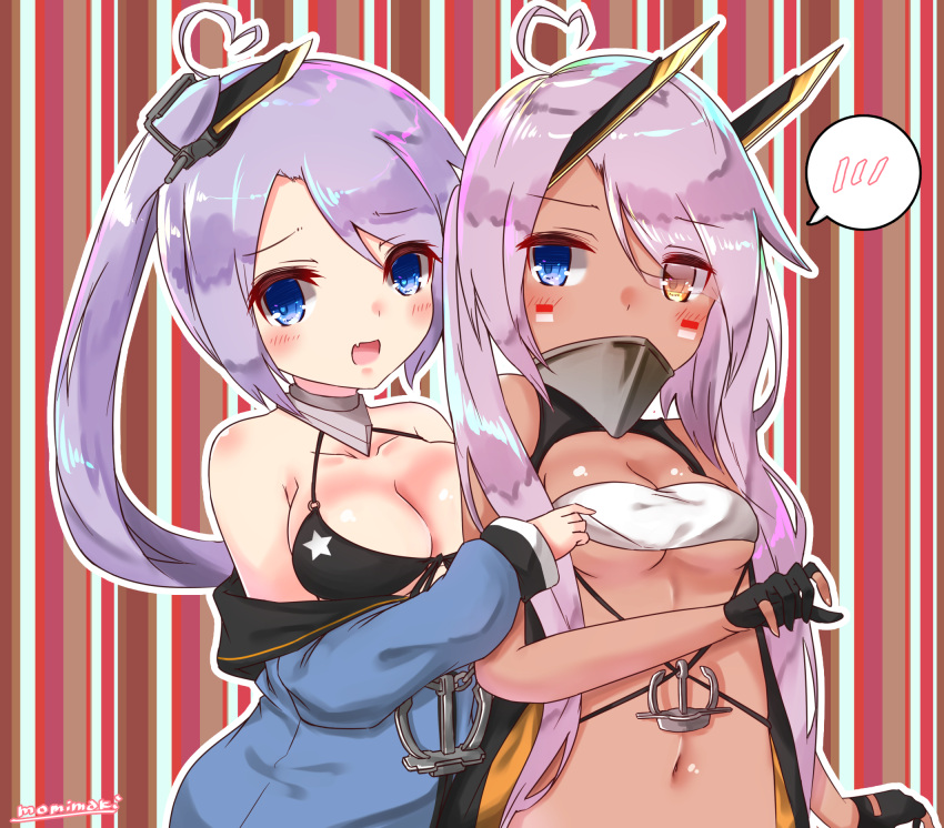 2girls ahoge anchor azur_lane bandeau bandeau_lift bikini black_bikini black_gloves blue_eyes blue_shirt blush breasts clip_studio_paint_(medium) commentary_request covered_mouth dark-skinned_female dark_skin facepaint gloves heart heart_ahoge heterochromia highres horns indianapolis_(azur_lane) large_breasts lifting_another's_clothes long_hair looking_at_viewer mechanical_horns medium_breasts momimaki multiple_girls navel off_shoulder open_mouth partially_fingerless_gloves pink_hair portland_(azur_lane) purple_hair shirt siblings side_ponytail sisters smile swimsuit turtleneck twintails underboob upper_body very_long_hair white_bandeau yellow_eyes