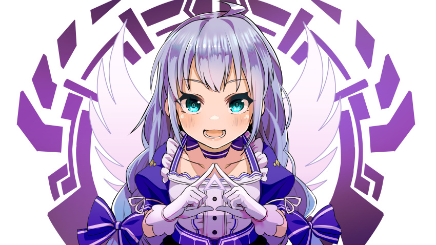 :3 absurdres apex_legends blue_bow blue_choker blue_dress blue_eyes blue_hair blush bow braid choker collarbone cowlick dress female fingers_together flat_chest gloves hairbow highres long_hair nijisanji open_mouth smile solo twin_braids virtual_youtuber white_background white_gloves yunekoko yuuki_chihiro yuuki_chihiro_(8th_costume)