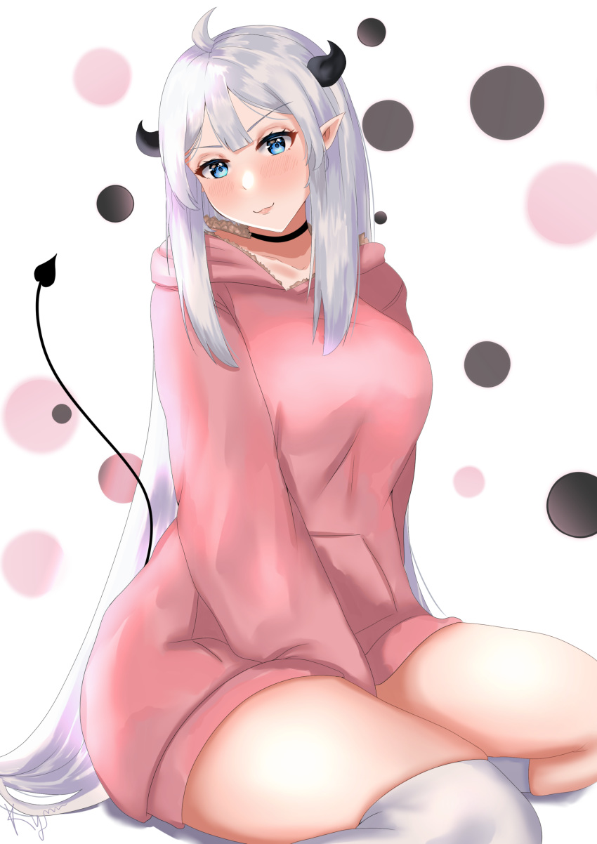 absurdres blue_eyes demon_tail female highres horns indie_virtual_youtuber kynnea looking_at_viewer pointy_ears solo tail thick_thighs thighhighs thighs vei_(vtuber) vei_(vtuber)_(1st_costume) virtual_youtuber white_hair