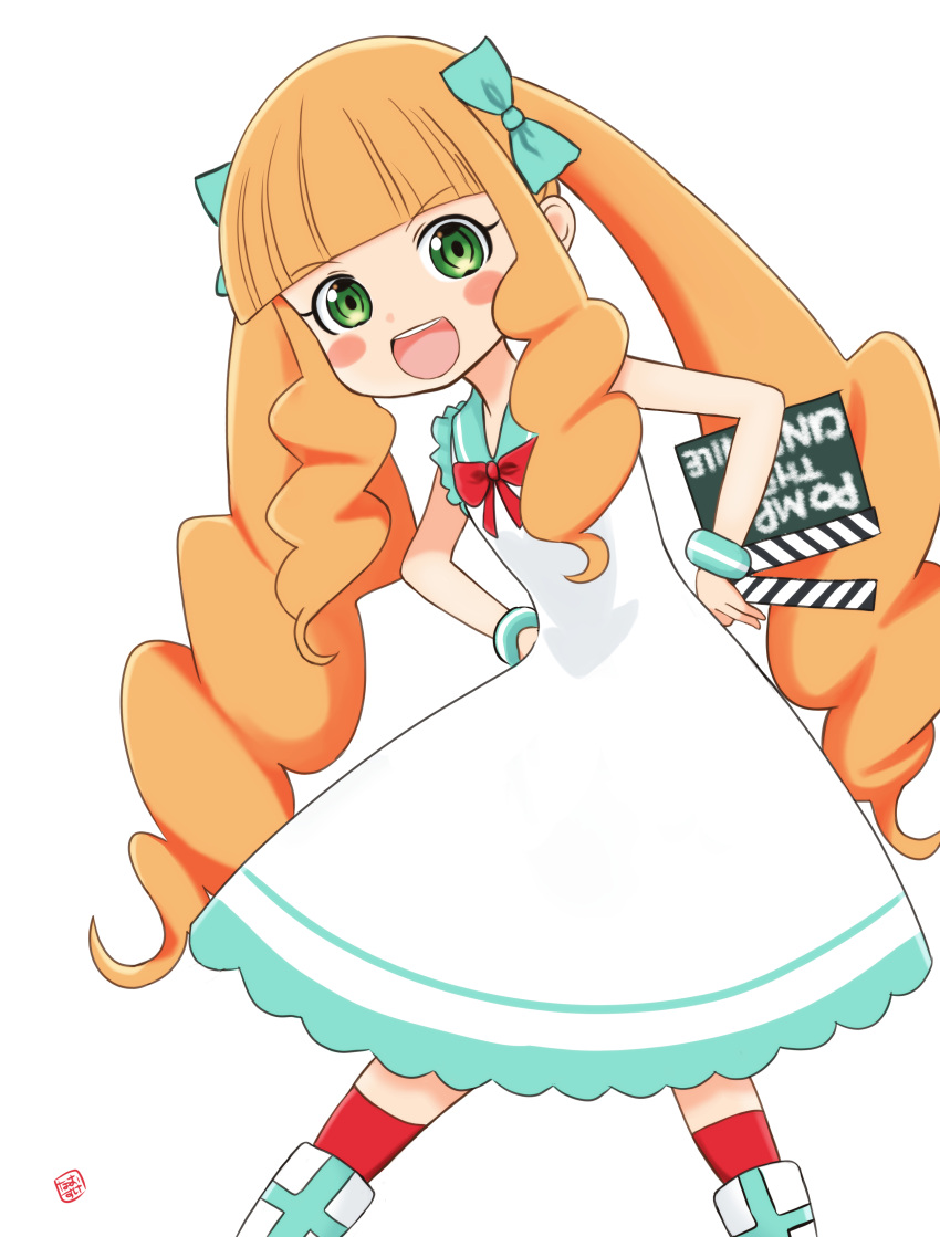 :d absurdres blush_stickers bow bracelet dress eiga_daisuki_pompo-san female green_bow green_eyes hairbow highres jewelry joelle_pomponett leaning_to_the_side long_hair looking_at_viewer nao_suke open_mouth orange_hair red_bow red_legwear sidelocks simple_background smile solo twintails white_background white_dress white_footwear