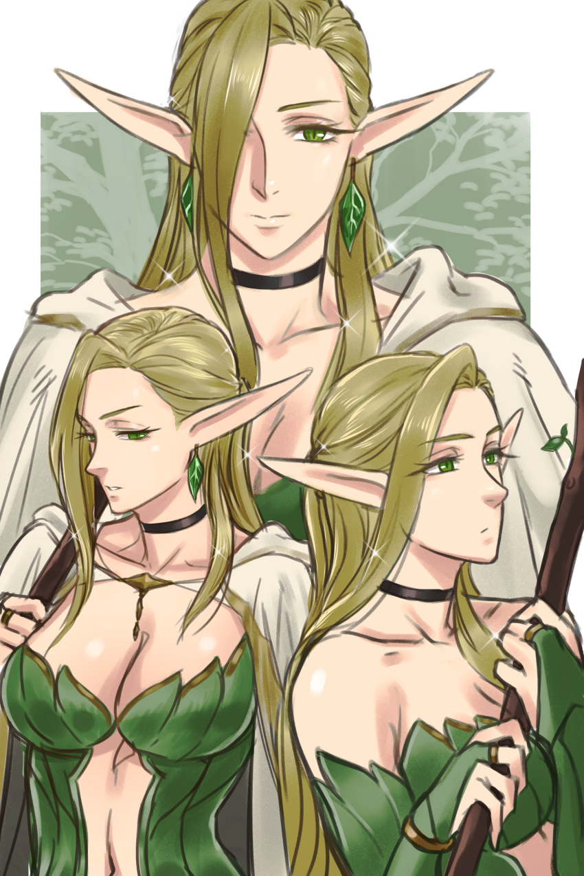 absurdres black_choker blonde_hair breasts bridal_gauntlets choker cleavage collarbone commentary dinelind_(drill_(emilio)) drill_(emilio) earrings elf female gloves green_eyes green_gloves hair_over_one_eye highres jewelry large_breasts leaf_earrings light_smile long_hair multiple_views original pointy_ears robe staff white_robe