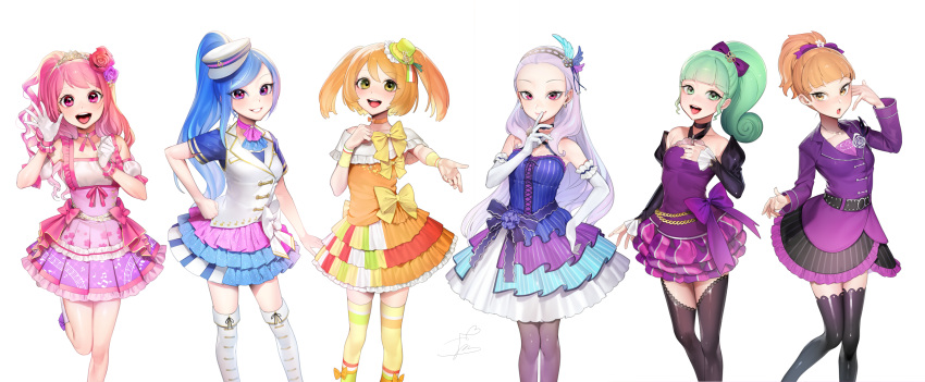 6+girls :d :o absurdres bad_id bad_pixiv_id bare_shoulders belt black_choker black_legwear blue_dress bow breasts chae_na-ra choker commentary_request detached_sleeves dress elbow_gloves fingernails flower gloves green_eyes green_hair grey_legwear hair_flower hair_ornament hairband hairbow hand_on_own_chest hand_up highres idol jacket jewelry kang_hae-ra light_purple_hair lili_(shining_star) long_hair long_sleeves multiple_girls necklace ohisashiburi open_mouth orange_eyes orange_hair ponytail purple_dress purple_flower purple_jacket purple_rose red_eyes red_flower red_rose roju_(shining_star) rose shining_star short_dress short_hair simple_background small_breasts smile thighhighs very_long_hair white_background white_gloves yang_song-yi yoon_shi-a