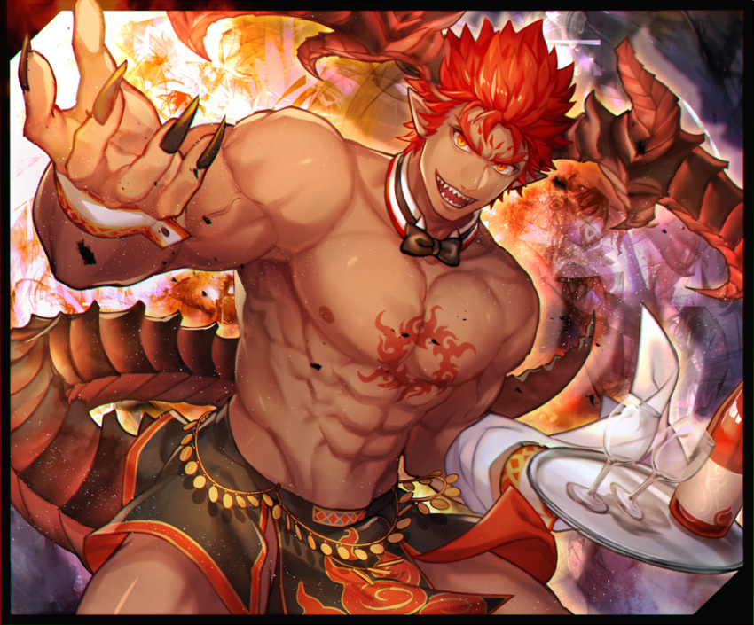 1boy abs alternate_costume bara bow bowtie bulge butler chest_tattoo dark-skinned_male dark_skin demon_boy demon_horns demon_tail detached_collar fingernails gozu_farm horns ifrit_(housamo) large_pectorals male_focus muscular muscular_male navel navel_hair nipples official_alternate_costume pectorals pelvic_curtain pointy_ears red_eyes red_hair sharp_fingernails sharp_teeth short_hair solo spiked_hair tail tattoo teeth thick_thighs thighs tokyo_afterschool_summoners topless_male tray