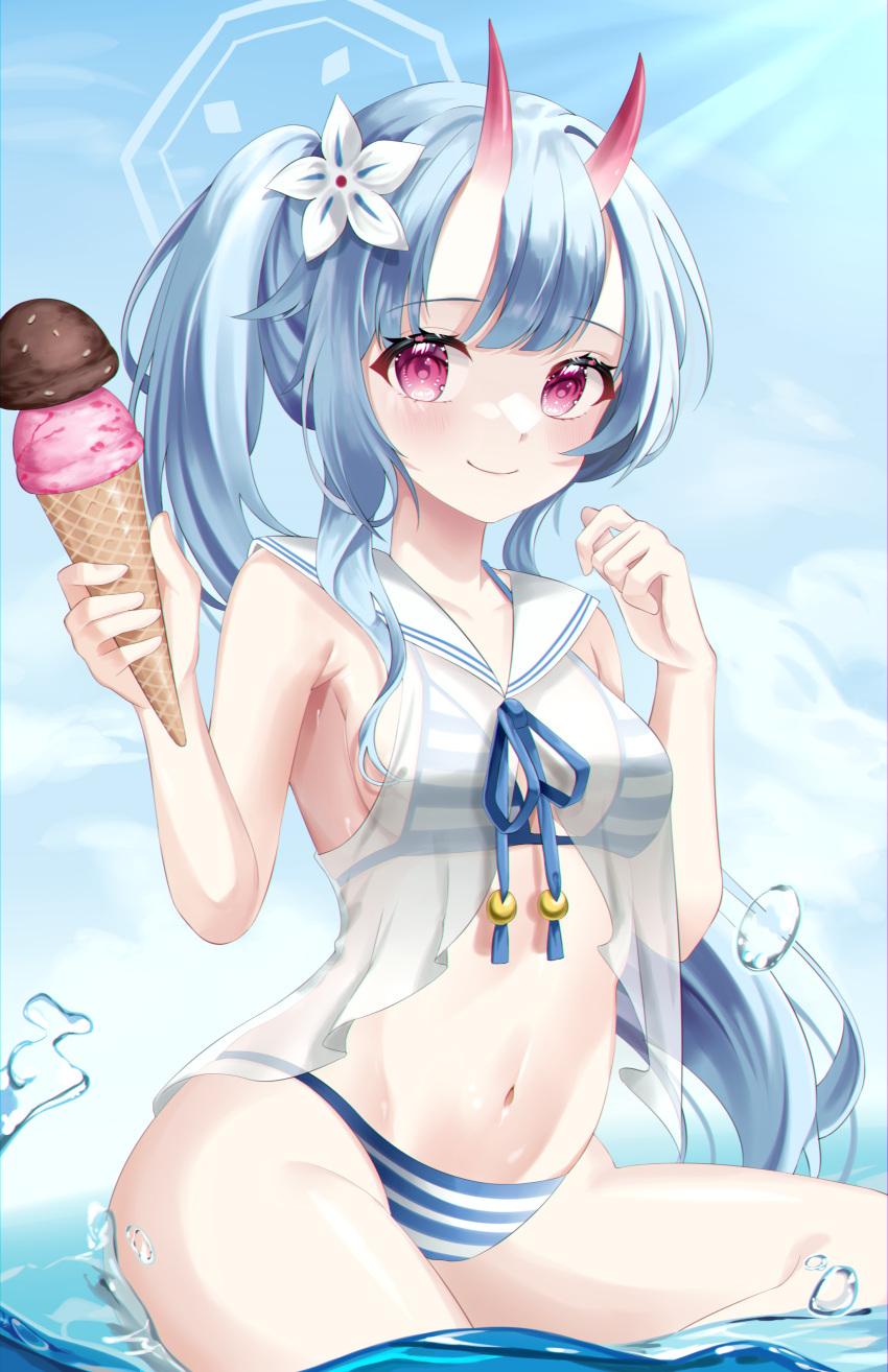 absurdres armpit_crease bare_arms bare_shoulders bikini blue_archive blue_bikini blue_hair breasts center_opening chise_(blue_archive) chise_(swimsuit)_(blue_archive) closed_mouth female flower food hair_flower hair_ornament halterneck hands_up highres holding horns ice_cream long_hair looking_at_viewer medium_breasts navel oni_horns pink_eyes ponytail sailor_collar sailor_shirt see-through shirt sleeveless sleeveless_shirt smile solo stomach string_bikini striped_bikini striped_clothes suisen_(suisenhwa) swimsuit thighs very_long_hair water wet white_shirt