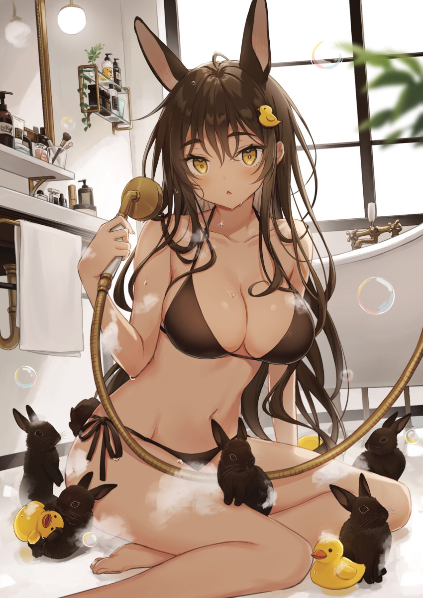 absurdres animal animal_ears bare_arms bare_legs bare_shoulders barefoot bathroom bathtub bikini black_bikini breasts brown_hair claw_foot_bathtub cleavage collarbone dark-skinned_female dark_skin female hair_ornament halterneck highres holding indoors large_breasts long_hair murata_konomin navel original rabbit rabbit_ears rabbit_girl shower_head side-tie_bikini_bottom sitting slipper_bathtub solo stomach string_bikini swimsuit yellow_eyes