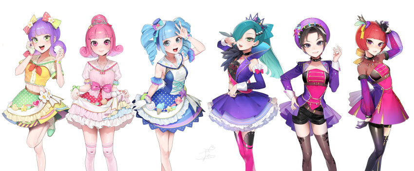 6+girls :d absurdres aqua_hair asymmetrical_bangs asymmetrical_legwear bad_id bad_pixiv_id bare_shoulders belt berry_(shining_star) black_gloves black_hair black_legwear blue_dress blue_eyes blue_hair blunt_bangs bow bowtie bracelet choker closed_mouth collarbone colorful commentary_request contrapposto crown curly_hair decora detached_sleeves diagonal_bangs dress drill_hair feet_out_of_frame flower forehead frilled_skirt frills gloves green_eyes green_footwear grey_eyes hair_over_one_eye hairbow hand_on_own_hip hand_up hat highres idol jay_(shining_star) jewelry keishi_(shining_star) kyuri_(shining_star) long_hair looking_at_viewer midriff mini_hat mismatched_legwear multiple_girls navel ohisashiburi open_mouth over-kneehighs peach_(shining_star) pink_bow pink_eyes pink_hair pink_legwear ponytail purple_eyes purple_hair red_bow red_bowtie red_hair sailor_collar school_uniform see-through serafuku shining_star shirt shoes short_hair short_sleeves shorts simple_background skirt skirt_hold smile socks spiked_choker spiked_thighlet spikes standing standing_on_one_leg tareme teeth thighhighs thighlet tiara tilted_headwear tsurime twin_drills uneven_legwear v vanilla_(shining_star) very_long_hair w white_background white_flower white_gloves white_legwear yellow_bow yellow_shirt yellow_skirt zettai_ryouiki