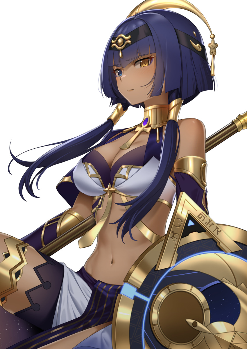 bare_shoulders blue_eyes blue_hair breasts candace_(genshin_impact) cleavage commentary crescent crescent_hair_ornament dark-skinned_female dark_skin egyptian egyptian_clothes eye_of_horus eyebrows_hidden_by_hair female genshin_impact hair_ornament hairband heterochromia highres holding holding_polearm holding_shield holding_weapon long_hair looking_at_viewer meda polearm purple_hair shield simple_background smile solo twintails weapon white_background yellow_eyes