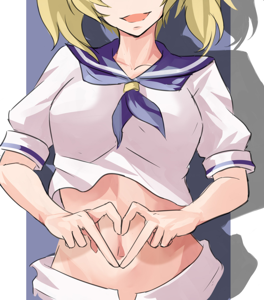 bad_id bad_twitter_id blonde_hair collarbone commentary_request female head_out_of_frame heart heart_hands highres kamiya_ueshi kitashirakawa_chiyuri midriff navel navel_focus open_fly open_mouth puffy_short_sleeves puffy_sleeves sailor sailor_collar sailor_shirt shirt short_hair short_sleeves shorts simple_background solo stomach touhou touhou_(pc-98) uniform white_shorts