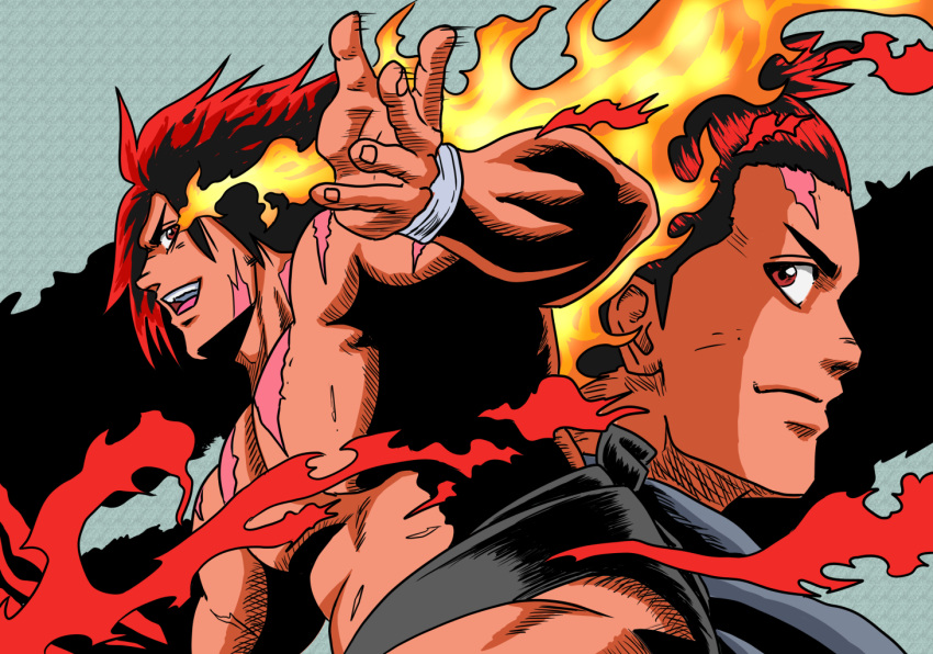 1boy despaa232323 fire hair_up hinomaru_zumou mawashi multiple_views muscular muscular_male pectorals red_eyes red_hair scar scar_on_face scar_on_shoulder smile sumo ushio_hinomaru wristband