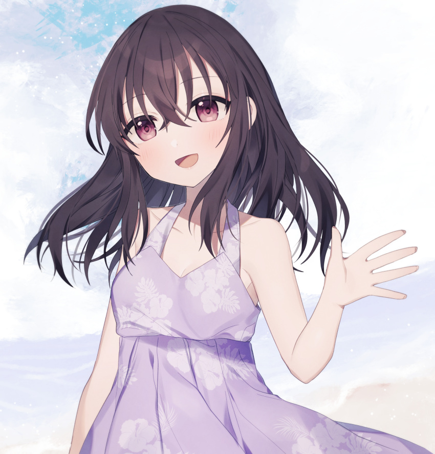 :d bare_arms bare_shoulders black_hair blush brown_eyes commentary_request dress female fujiwara_hajime hair_between_eyes hand_up head_tilt highres idolmaster idolmaster_cinderella_girls long_hair looking_at_viewer minamiya_mia open_mouth pleated_dress print_dress purple_dress sleeveless sleeveless_dress smile solo