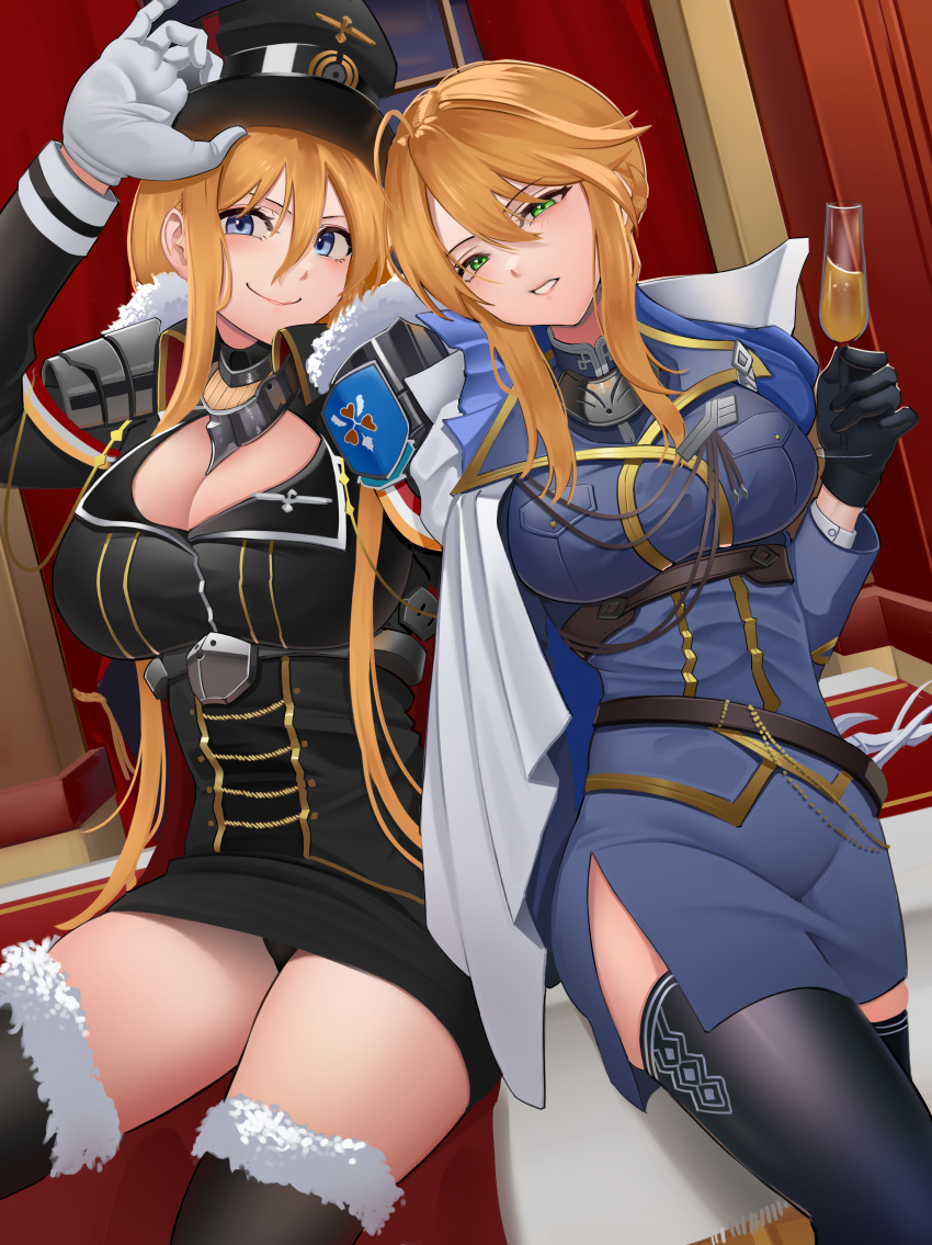 2girls absurdres artoria_pendragon_(fate) artoria_pendragon_(lancer)_(fate) artoria_pendragon_(lancer)_(formal_dress)_(fate) azur_lane bismarck_(azur_lane) bismarck_(coat_of_arms) black_gloves black_panties black_skirt blonde_hair blue_eyes blue_jacket blue_skirt breasts cape champagne_flute cleavage cup drinking_glass fate/grand_order fate_(series) formal fur-trimmed_legwear fur_trim gloves green_eyes hair_between_eyes harris_hero hat highres holding holding_cup indoors jacket large_breasts long_hair looking_at_viewer military military_uniform miniskirt multiple_girls panties pencil_skirt skirt thighhighs underwear uniform variant_set very_long_hair white_gloves wine_glass