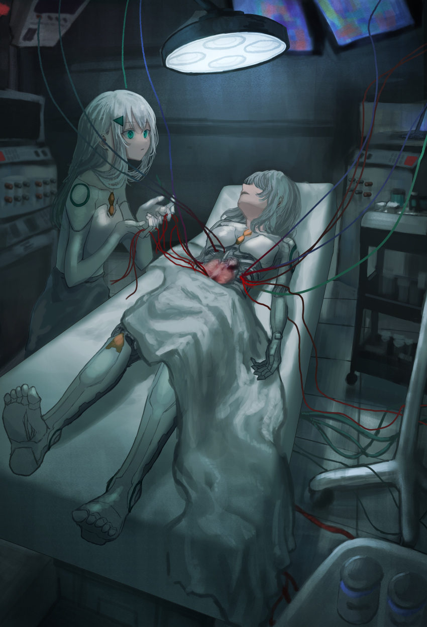 2girls absurdres arms_up bed blanket bodysuit commentary_request cyborg expressionless feet full_body green_eyes grey_hair grey_skirt hair_over_eyes highres hospital hospital_bed kyano_(kyanora3141) long_hair lying mechanical_arms mechanical_legs medium_hair monitor multiple_girls on_back on_bed organs original skirt standing surgery tile_floor tiles white_bodysuit wire