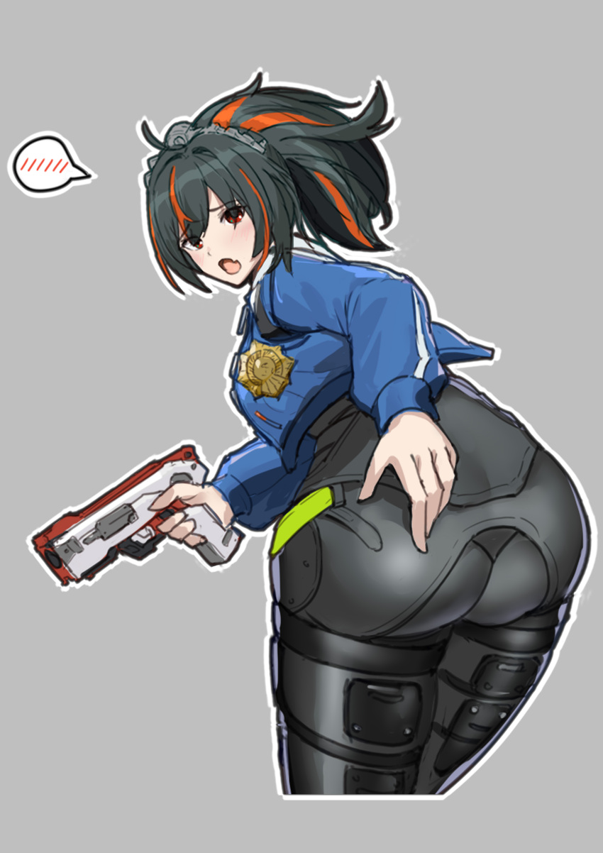 absurdres ahoge ass ass_focus bent_over black_hair black_pants blue_jacket blush breasts chinese_commentary commentary_request cropped_legs female gun hair_between_eyes hand_on_own_ass high-waist_pants highres holding holding_gun holding_weapon jacket long_hair looking_at_viewer metal_hairband multicolored_hair oerba_yun_fang open_mouth orange_eyes pants police police_badge police_uniform policewoman ponytail red_hair sidelocks simple_background skin_fang solo spoken_blush standing streaked_hair tight_clothes tight_pants two-tone_hair uniform unkobako weapon zenless_zone_zero zhu_yuan