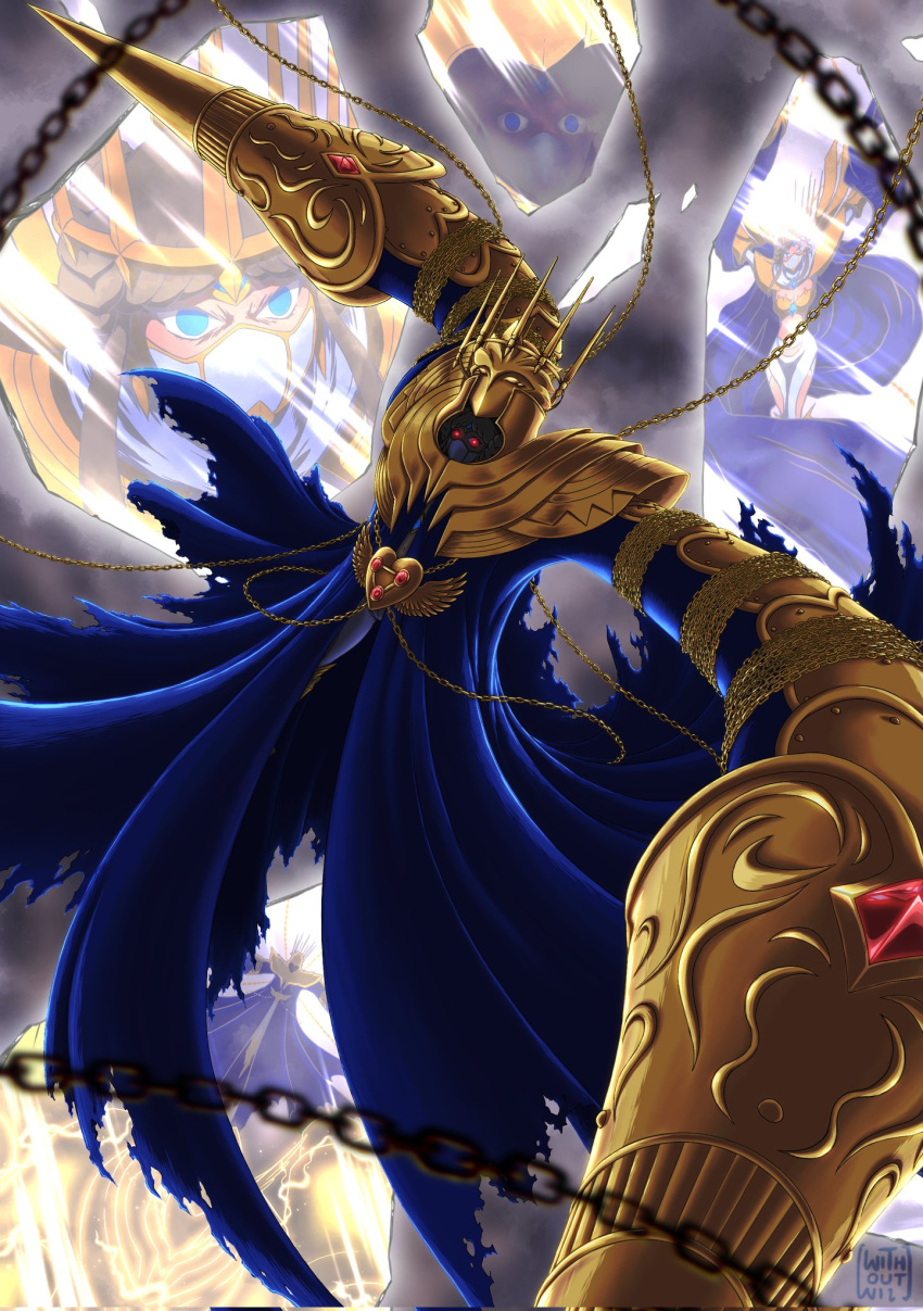 armor blue_cape blue_cloak blue_eyes breastplate breasts broken_glass brown_eyes cape chains cloak corrupted_twitter_file digimon digimon_(creature) electricity female glass glowing glowing_eyes heart highres junomon junomon_hysteric_mode large_breasts multiple_views navel red_eyes solo_focus with_out_will