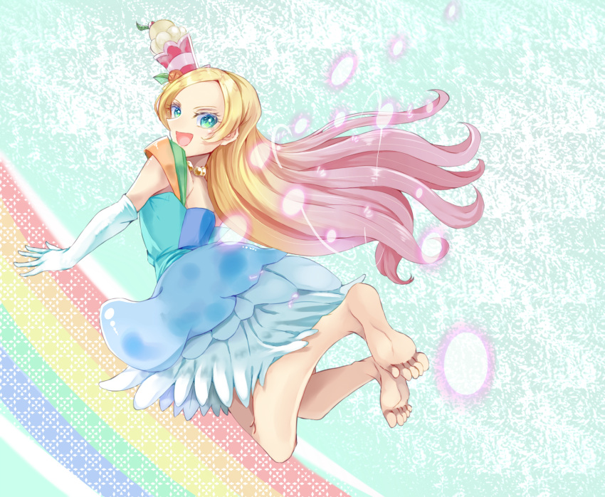 bare_shoulders barefoot blonde_hair choker commentary_request cosplay cure_parfait cure_parfait_(cosplay) dress elbow_gloves food food-themed_hair_ornament fruit g_tear gloves hair_ornament headband highres kirahoshi_ciel kirakira_precure_a_la_mode leaf long_hair looking_at_viewer multicolored_eyes open_mouth orange_(fruit) parfait pearl_choker precure rainbow self_cosplay strapless strapless_dress white_gloves