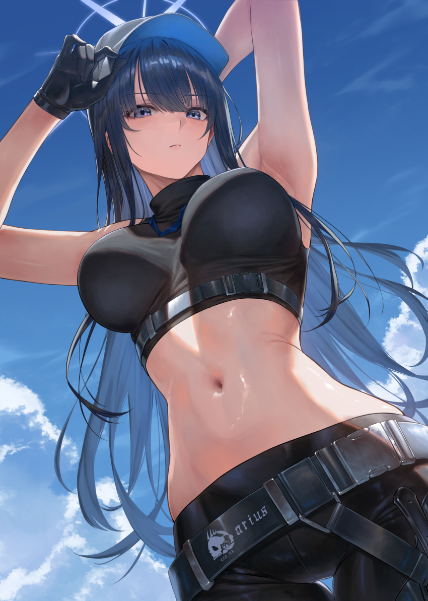 adjusting_clothes adjusting_headwear baseball_cap belt black_hair black_hat black_pants blue_archive blue_eyes blue_hair blue_halo blue_sky breasts buckle closed_mouth colored_inner_hair crop_top female from_below halo hat highres large_breasts long_hair looking_at_viewer mugetsu2501 multicolored_hair navel no_mask pants saori_(blue_archive) shirt sky sleeveless sleeveless_shirt snap-fit_buckle solo stomach