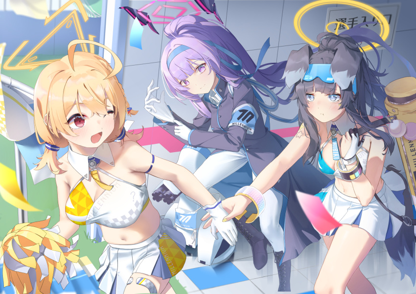 3girls :d aekun_cben ahoge animal_ears bare_shoulders black_hair blonde_hair blue_archive blue_eyes blue_headband blush breasts cheerleader cleavage dog_ears dog_girl dog_tail engineering_department_(blue_archive) eyewear_on_head floating_headgear hair_between_eyes hair_ornament hairband halo headband headgear hibiki_(blue_archive) hibiki_(cheer_squad)_(blue_archive) highres holding holding_hands holding_pom_poms kotori_(blue_archive) kotori_(cheer_squad)_(blue_archive) large_breasts long_hair looking_at_viewer medium_breasts midriff millennium_cheerleader_outfit_(blue_archive) miniskirt multiple_girls navel official_alternate_costume open_mouth pleated_skirt pom_pom_(cheerleading) purple_eyes purple_hair red_eyes shirt short_hair short_twintails skirt smile sports_bra star_sticker sticker_on_face tail teardrop-framed_glasses text_print triangle_halo turret twintails two-tone_sports_bra utaha_(blue_archive) utaha_(cheer_squad)_(blue_archive) very_long_hair white_skirt yellow_halo