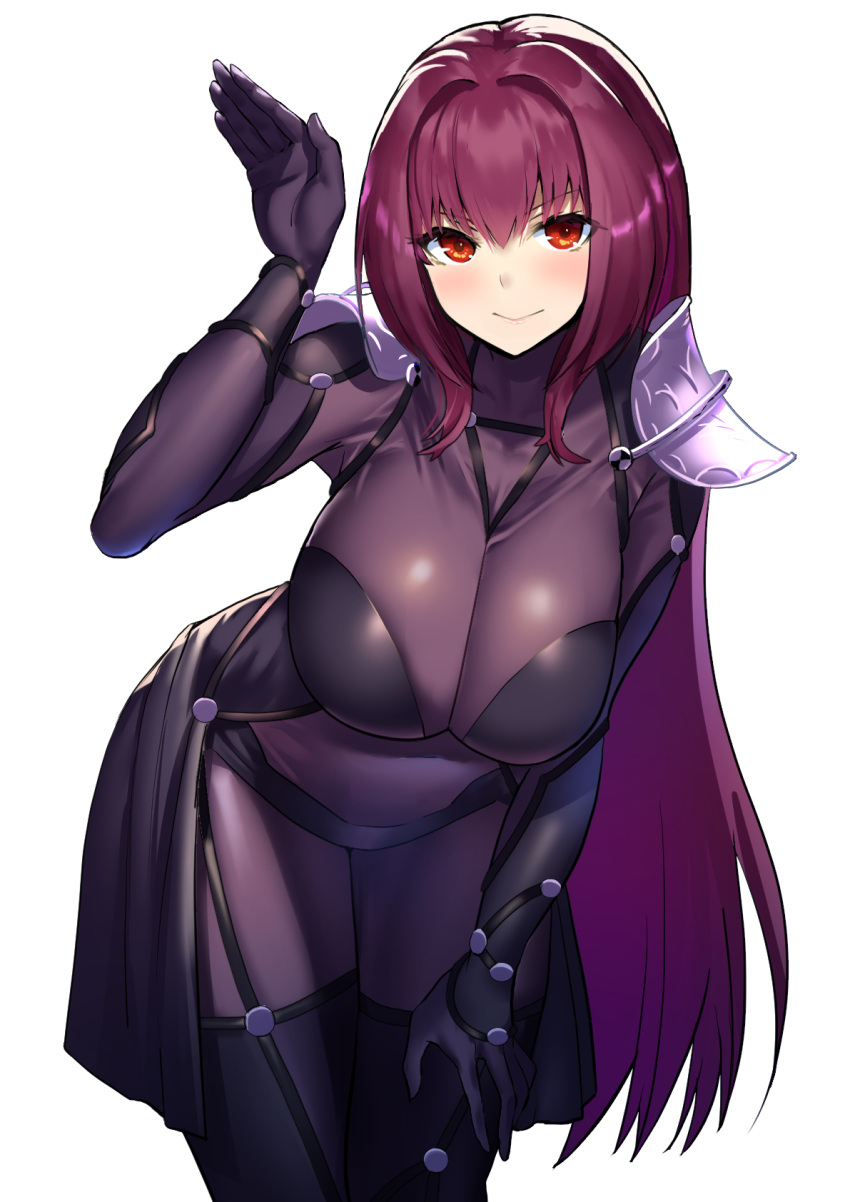 armor blush bodysuit breasts covered_navel fate/grand_order fate_(series) female highres large_breasts long_hair looking_at_viewer muunyan_(yumenekoya) pauldrons purple_bodysuit purple_hair red_eyes scathach_(fate) shoulder_armor smile solo thighs