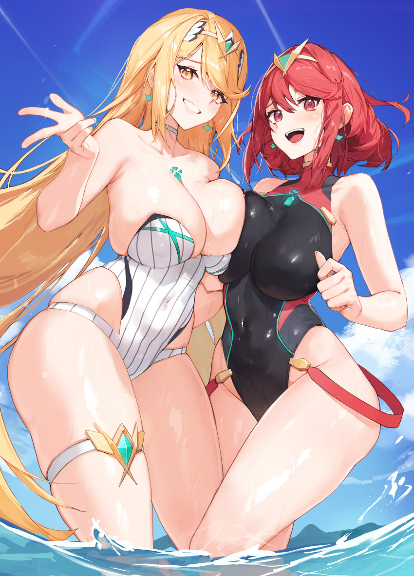 2girls absurdres bare_shoulders black_one-piece_swimsuit blonde_hair blue_sky blush breast_press breasts chest_jewel cloud core_crystal_(xenoblade) covered_navel day drop_earrings earrings gem grin headpiece highres jewelry large_breasts long_hair looking_at_viewer multiple_girls mythra_(radiant_beach)_(xenoblade) mythra_(xenoblade) official_alternate_costume one-piece_swimsuit open_mouth outdoors partially_submerged pyra_(pro_swimmer)_(xenoblade) pyra_(xenoblade) red_eyes red_hair ribbed_swimsuit short_hair sky smile standing strapless strapless_one-piece_swimsuit striped_clothes striped_one-piece_swimsuit swept_bangs swimsuit symmetrical_docking teeth thigh_strap tiara tunamayo_(dsasd751) vertical-striped_clothes vertical-striped_one-piece_swimsuit wading water wet xenoblade_chronicles_(series) xenoblade_chronicles_2 yellow_eyes