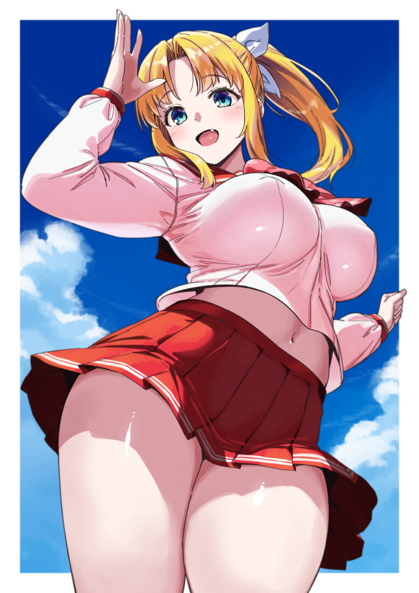 :d blonde_hair blue_eyes blue_sky breasts cloud commentary_request covered_nipples day female hair_ribbon hand_up highres large_breasts long_sleeves looking_at_viewer midriff mikemono_yuu miyauchi_lemmy navel oerba_yun_fang open_mouth outdoors pink_shirt pleated_skirt ponytail red_sailor_collar red_skirt ribbon sailor_collar school_uniform shirt short_hair skirt sky smile solo thick_thighs thighs to_heart to_heart_(series) white_ribbon