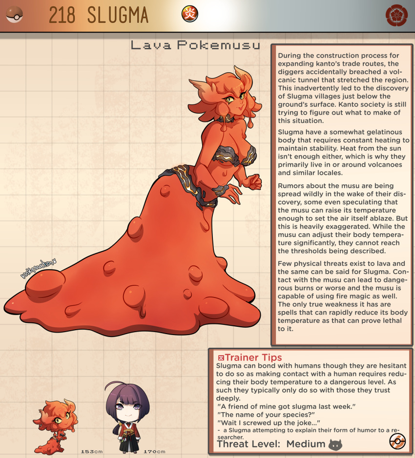 1boy artist_name black_hair breasts brown_background brown_eyes character_name character_profile cleavage colored_sclera colored_skin commentary english_commentary english_text female highres kinkymation large_breasts lava medium_breasts monster_girl personification poke_ball poke_ball_(basic) pokemon red_hair red_skin slime_girl slugma yellow_sclera