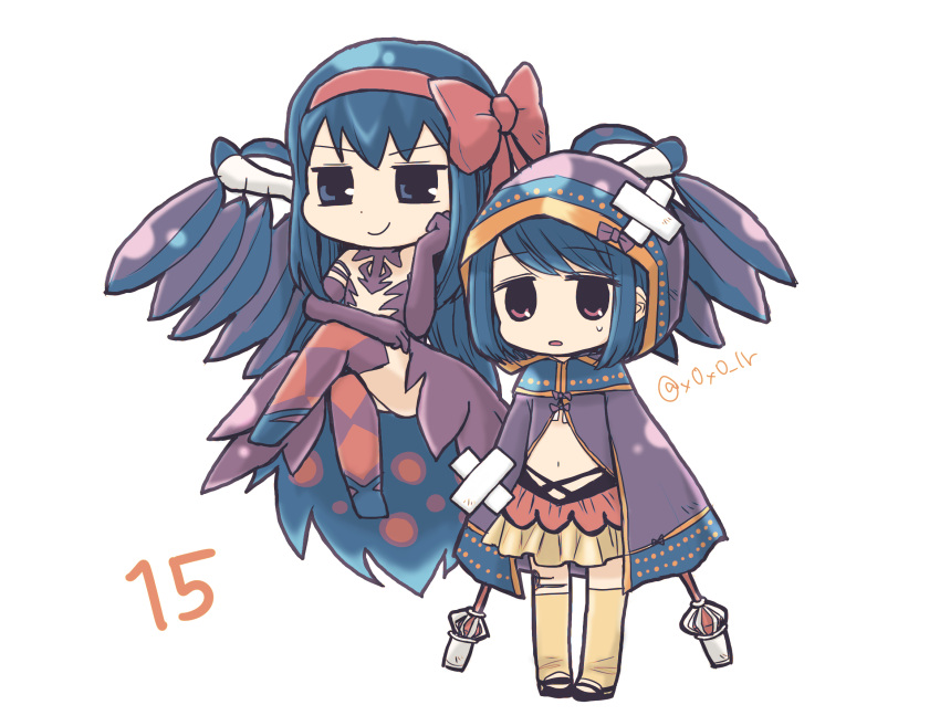 >:) 2girls akemi_homura akuma_homura alternate_color argyle_clothes argyle_thighhighs bandaid bandaid_on_head baton_(weapon) black_footwear blue_eyes blue_footwear blue_hair bow chibi clenched_hand cloak closed_mouth commentary_request crossed_legs dot_nose dress elbow_gloves floating frilled_skirt frills full_body gloves hairbow highres hood hood_up hooded_cloak jewelry jitome kuroe_(madoka_magica) legs_apart long_hair magia_record:_mahou_shoujo_madoka_magica_gaiden magical_girl mahou_shoujo_madoka_magica mahou_shoujo_madoka_magica:_hangyaku_no_monogatari midriff multicolored_cloak multiple_girls navel no_nose orange_skirt papa_(shimeguru)_(style) parted_lips purple_bow purple_cloak purple_dress purple_eyes purple_gloves purple_thighhighs purple_wings red_bow rioran shoes short_hair signature simple_background skirt smile smug standing sweat swept_bangs thighhighs thighlet twitter_username two-sided_dress two-sided_fabric v-shaped_eyebrows weapon white_background wings yellow_thighhighs