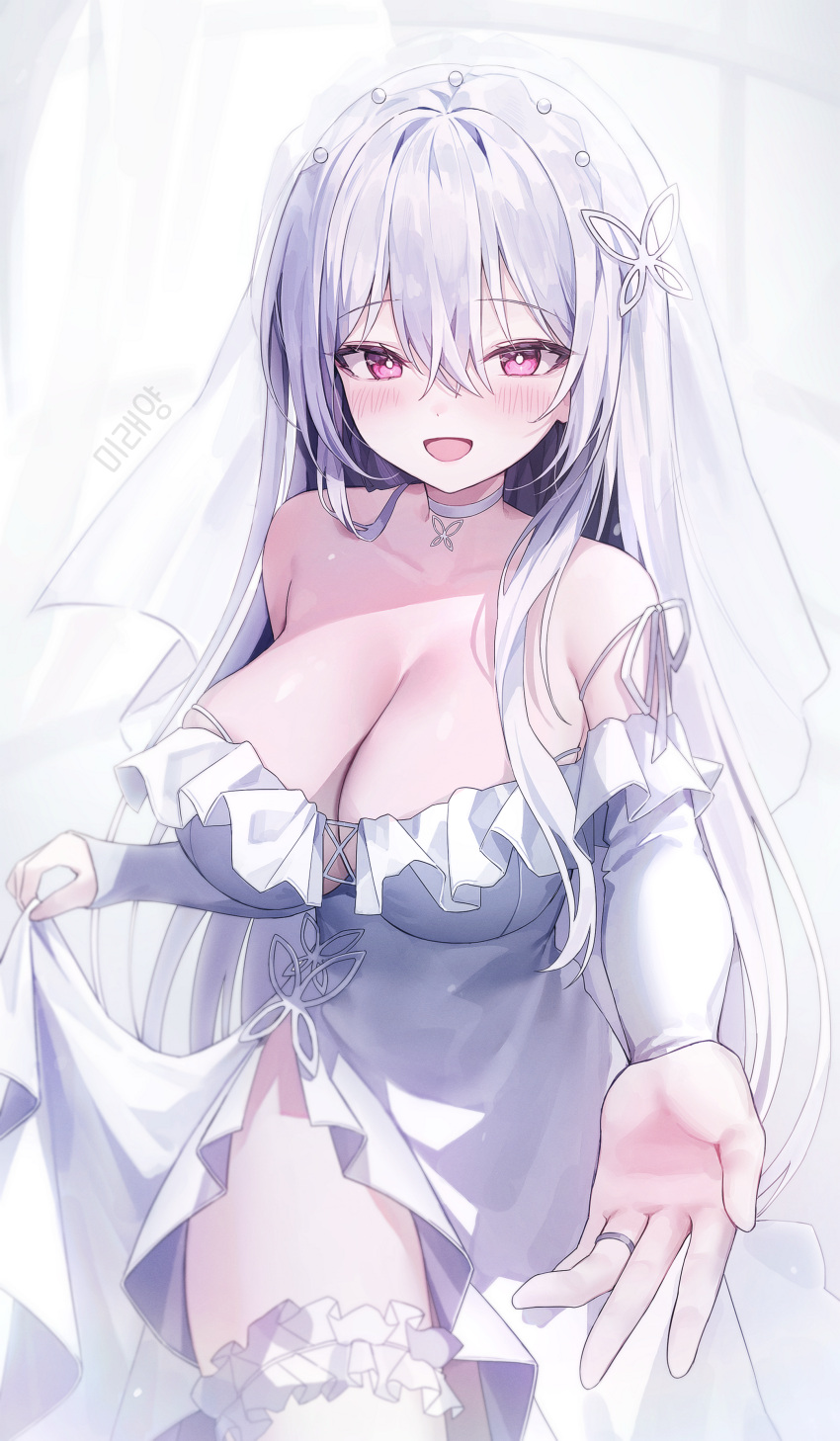 absurdres bare_shoulders blush breasts bridal_veil bright_pupils chimyo choker cleavage closers commission detached_sleeves dress female frilled_dress frilled_sleeves frilled_thighhighs frills hair_between_eyes hair_ornament highres jewelry large_breasts lifting_own_clothes long_hair long_sleeves looking_at_viewer mirae_(closers) open_mouth outstretched_arm pink_eyes ring second-party_source side_slit smile solo strapless strapless_dress thighhighs veil very_long_hair wedding_dress wedding_ring white_choker white_dress white_hair white_thighhighs