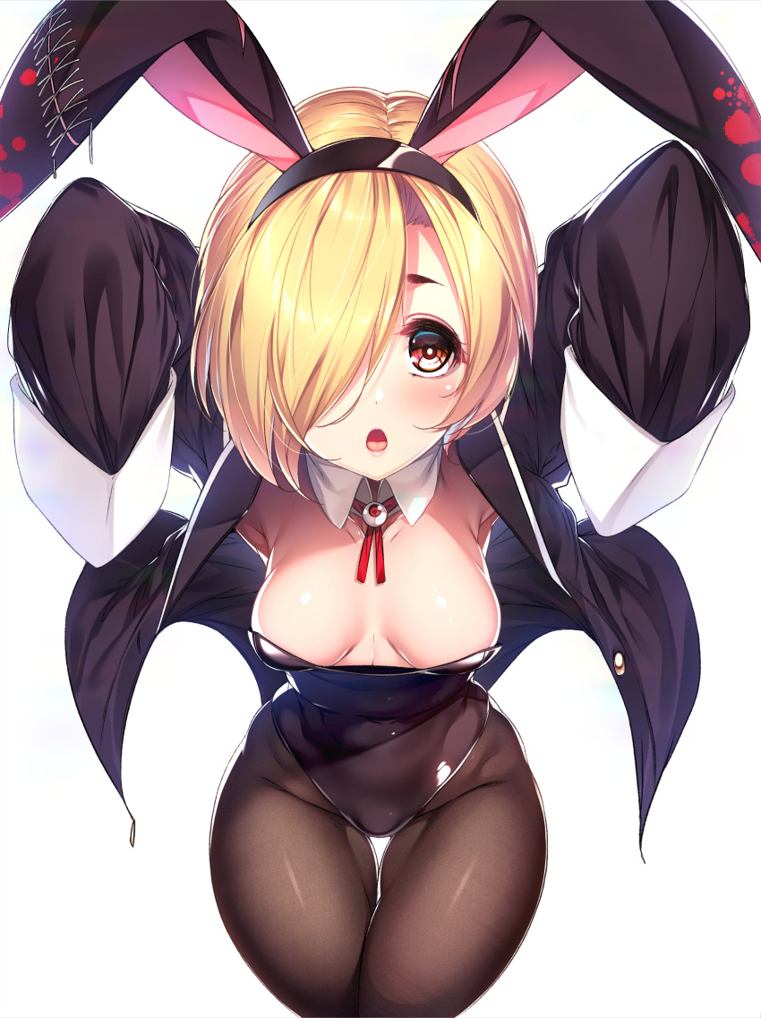 absurdres animal_ears black_leotard blonde_hair breasts brown_pantyhose covered_navel detached_collar fake_animal_ears female hair_over_one_eye highres idolmaster idolmaster_cinderella_girls leotard looking_at_viewer medium_breasts pantyhose playboy_bunny rabbit_ears rukitsura shiny_clothes shiny_skin shirasaka_koume short_hair simple_background sleeves_past_wrists solo strapless strapless_leotard thigh_gap thighs white_background