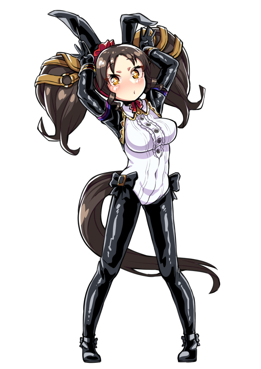 absurdres alternate_costume animal_ears arms_up blush breasts brown_hair commentary_request fake_animal_ears female full_body highres horse_girl horse_tail long_sleeves looking_at_viewer marvelous_sunday_(umamusume) medium_breasts medium_hair rabbit_ears shirt simple_background solo standing tail twintails umamusume white_background white_shirt yellow_eyes yuki_usagi_(agtd5758)