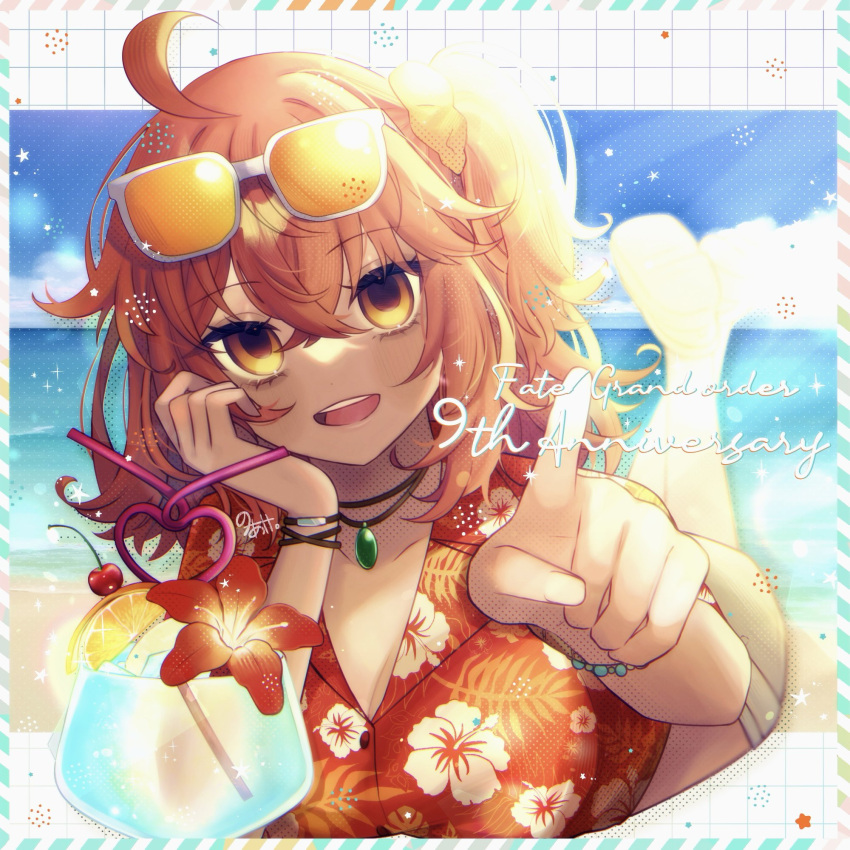 ahoge beach blue_sky bracelet breasts cleavage eyewear_on_head fate/grand_order fate_(series) female floral_print fujimaru_ritsuka_(female) fujimaru_ritsuka_(female)_(tropical_summer) hair_ornament hair_scrunchie hawaiian_shirt highres jewelry looking_at_viewer lying medium_breasts necklace noa_pisces on_stomach one_side_up open_mouth orange_eyes orange_hair orange_scrunchie red_shirt scrunchie shirt shore short_hair short_shorts shorts sky smile solo sunglasses tan white_shorts